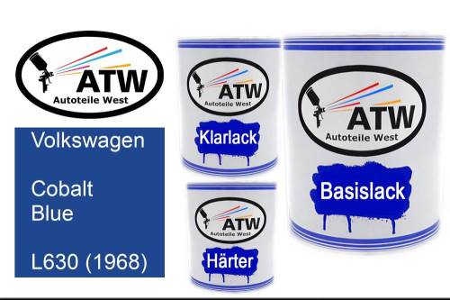 Volkswagen, Cobalt Blue, L630 (1968): 1L Lackdose + 1L Klarlack + 500ml Härter - Set, von ATW Autoteile West.